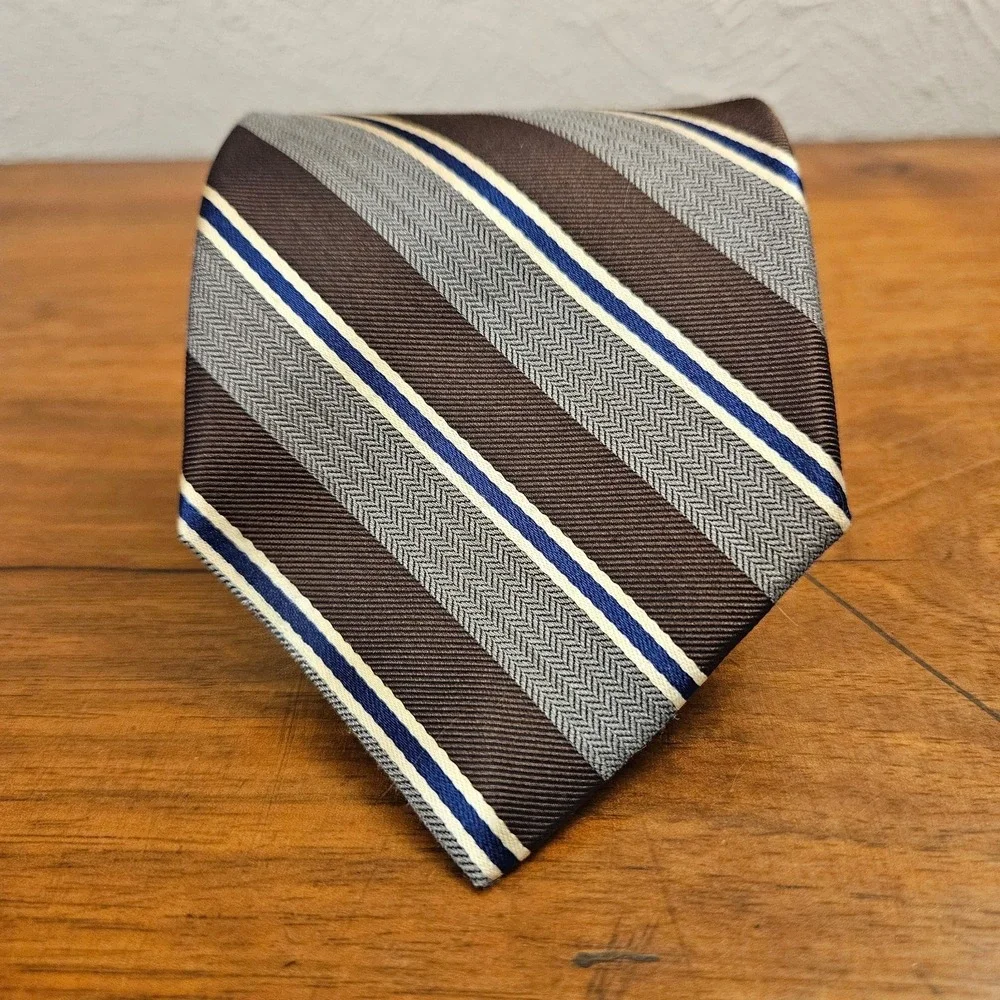 NWT Tommy‎ Hilfiger Striped 100% Silk Tie Gray Brown Blue White Beige